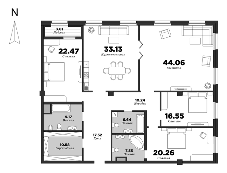 NEVA HAUS, 4 bedrooms, 199.54 m² | planning of elite apartments in St. Petersburg | М16